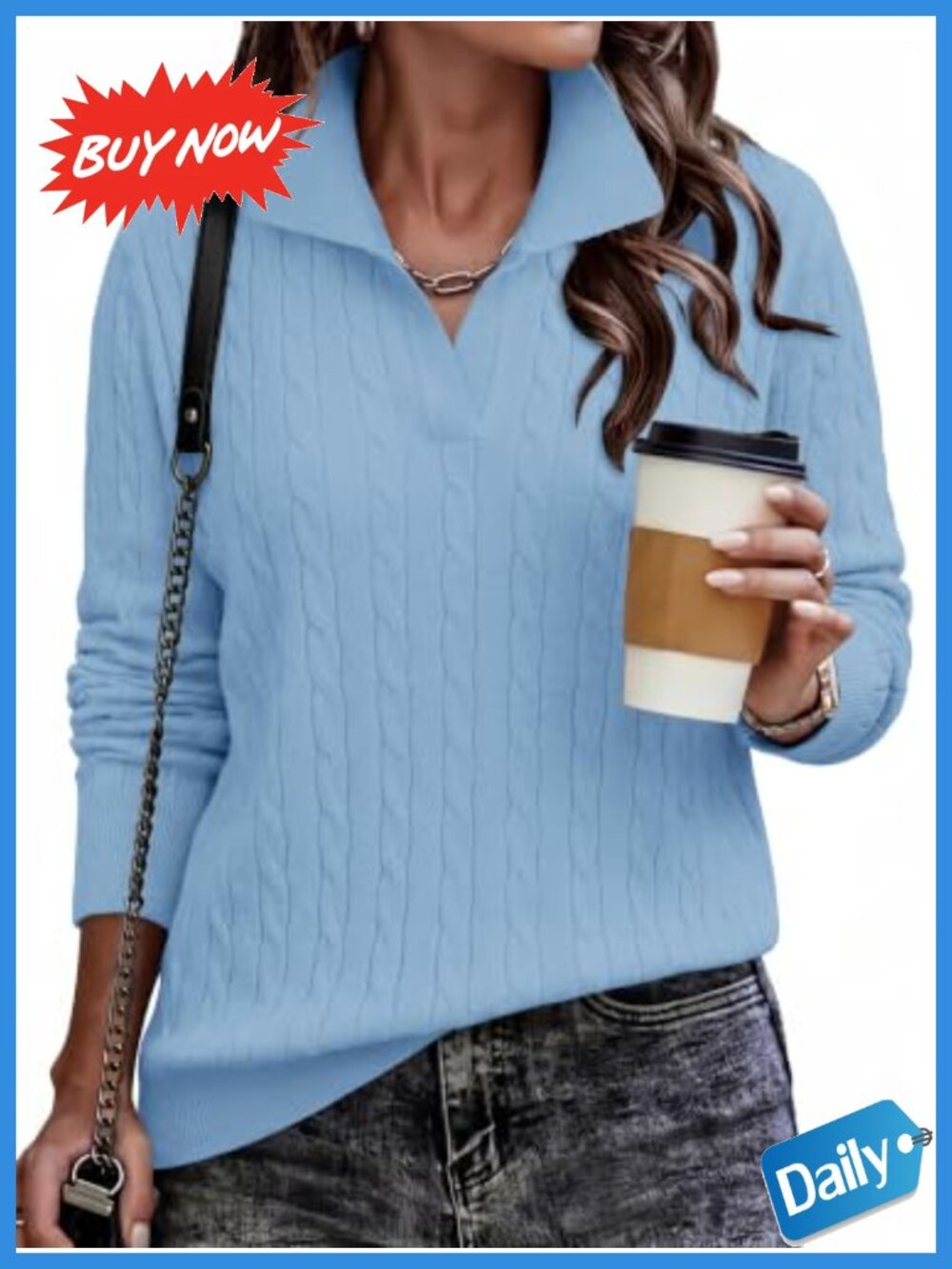 Cable Knit V-Neck Long Sleeve Pullover Sweater Relaxed Fit Fall Winter